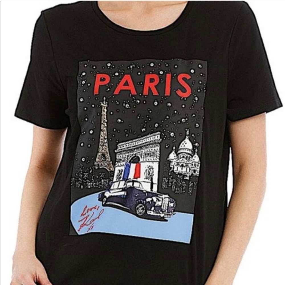 Karl Lagerfeld Womens Embellished Crystal Paris Graphic Tee Crewneck Black SZ XS